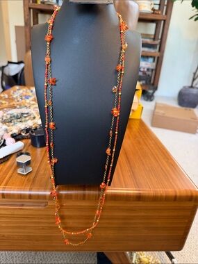 Coldwater Creek Long Gold Chain Necklace with Orange Beads